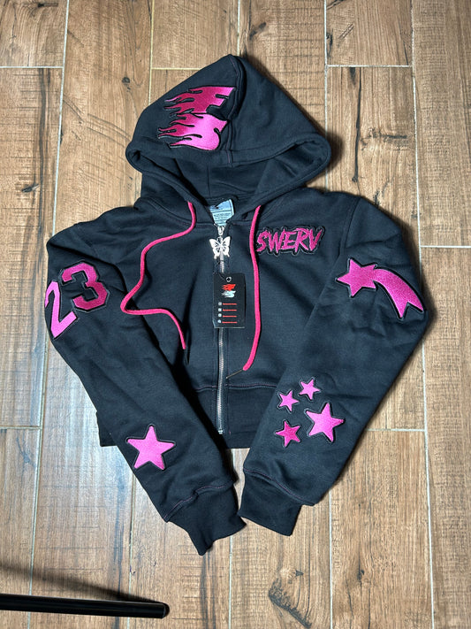SWERV PINK CROPPED JACKET FLARE SWEATS